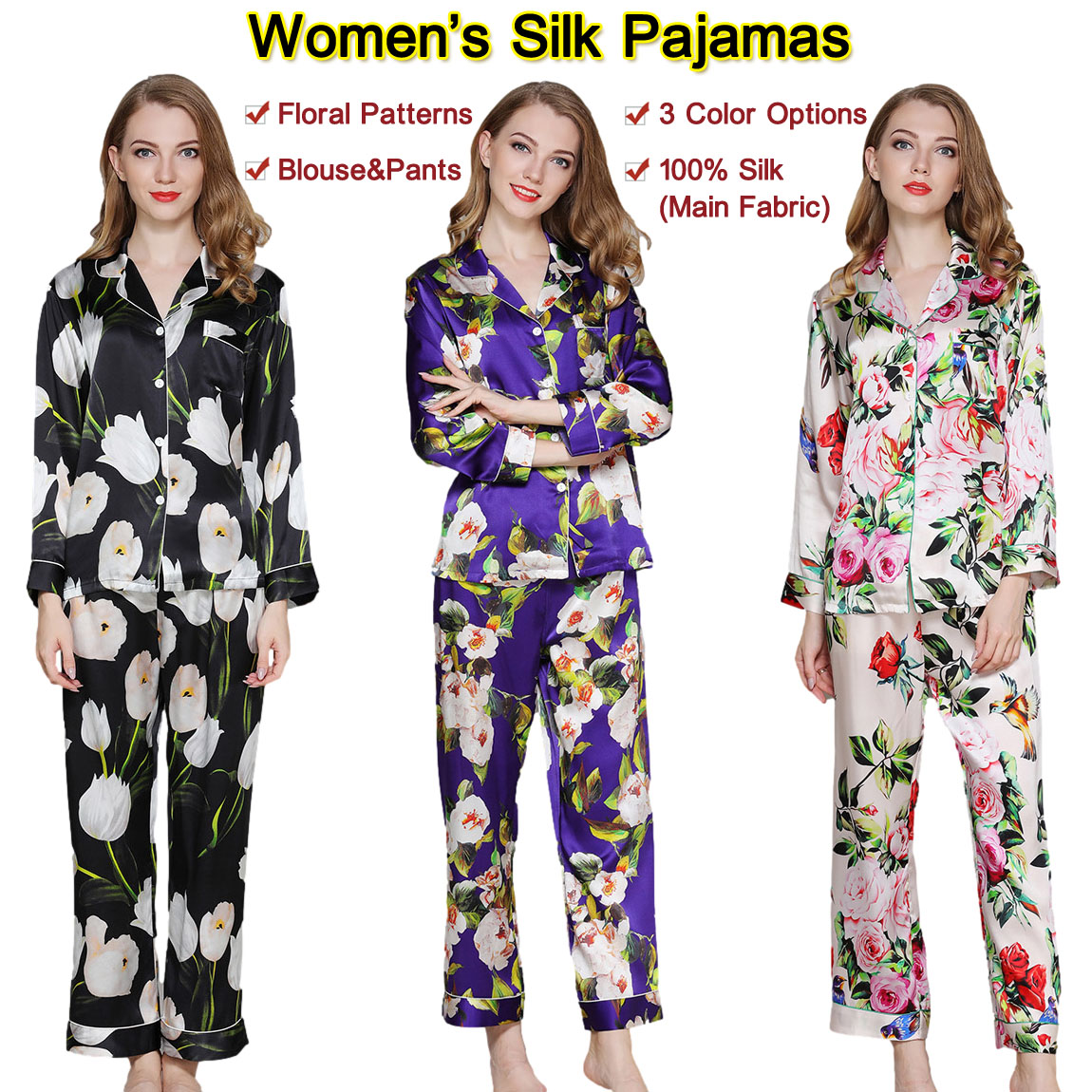 Seres Women’s Silk Pajamas,Loose 2-Piece Sleepwear Nightdress,Floral ...