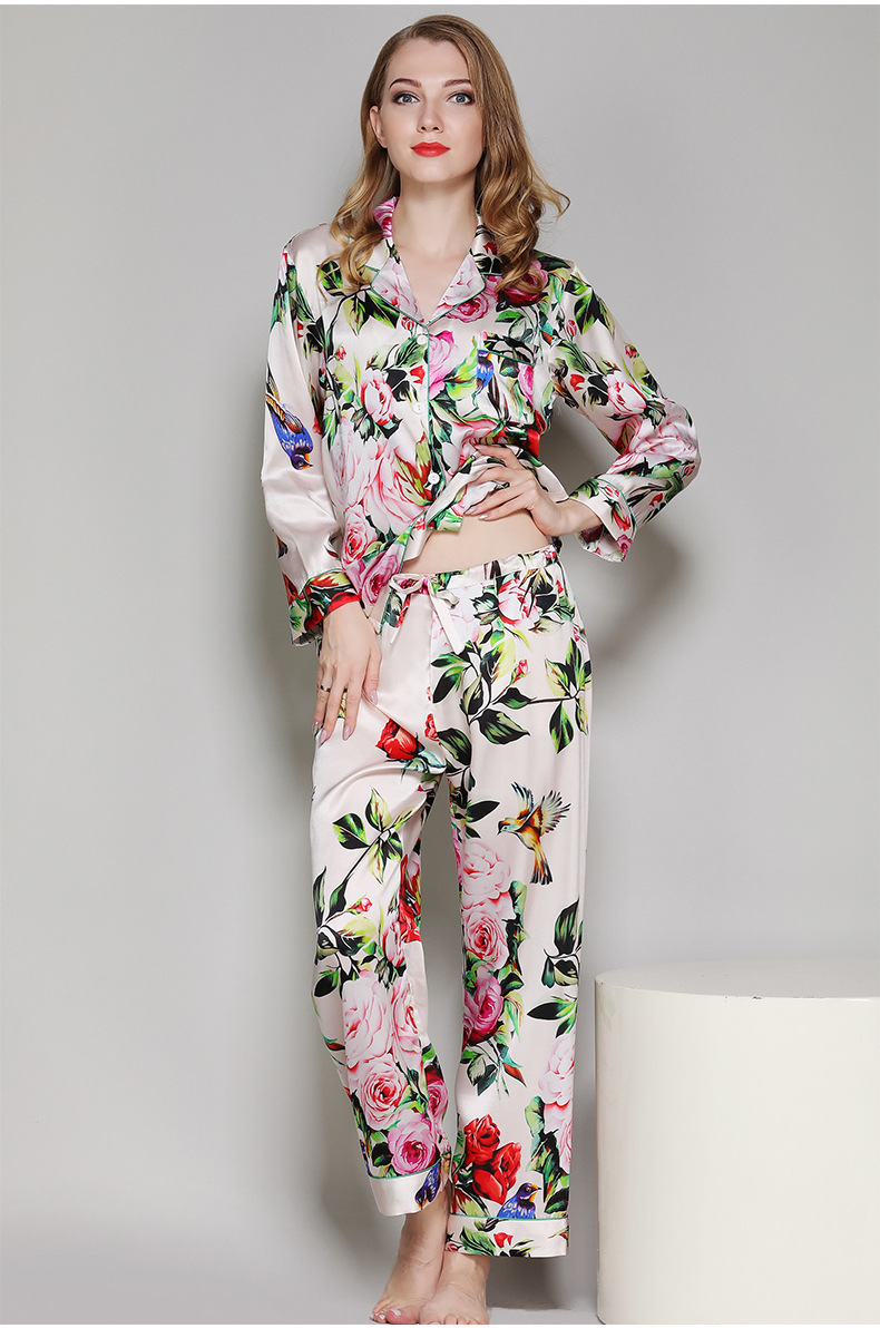 Women’s Silk Pajamas,Loose 2-Piece Sleepwear Nightdress,Floral Blouse ...
