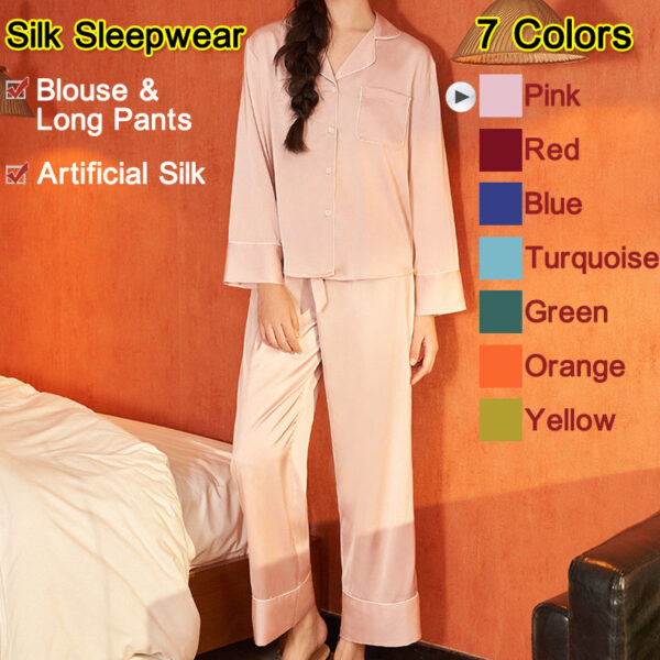 Women's Satin Pajamas Set of Long-Sleeve Shirt and Long Pants made of Artificial Silk,5+ Colors,Ice Silk,丝绸睡衣